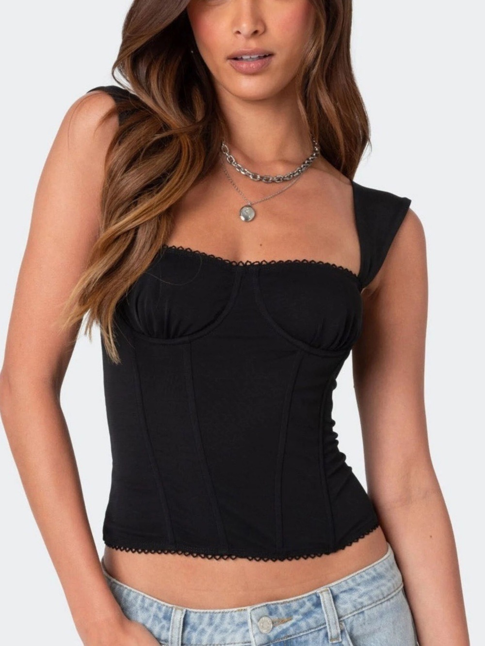 Edikted Marcella Black Wide Strap Mesh Corset Top NWT Size XS - Picture 1 of 8